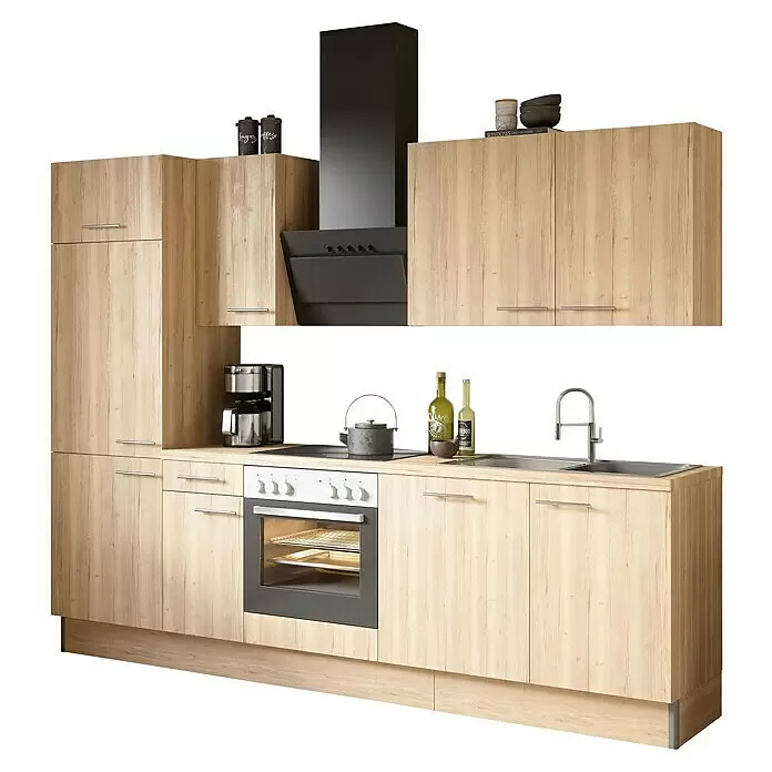 Optifit Küchenzeile OPTIkoncept Erik290 Typ 2 - Breite: 270 cm, Nachbildung Wildeiche, Mit Elektrogeräten - Moderne Küche in hellem Holzdekor mit schwarzer Dunstabzugshaube, integriertem Backofen, Kochfeld und Spüle.