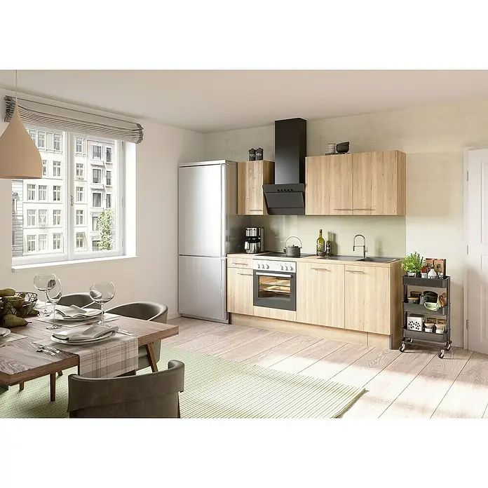 Optifit Küchenzeile OPTIkoncept Erik290 - Breite: 210 cm, Nachbildung Wildeiche, Mit Elektrogeräten - Helles Küchendesign mit Holzelementen, einem modernen Dunstabzug und einem praktischen Servierwagen für Gewürze und Küchenutensilien.