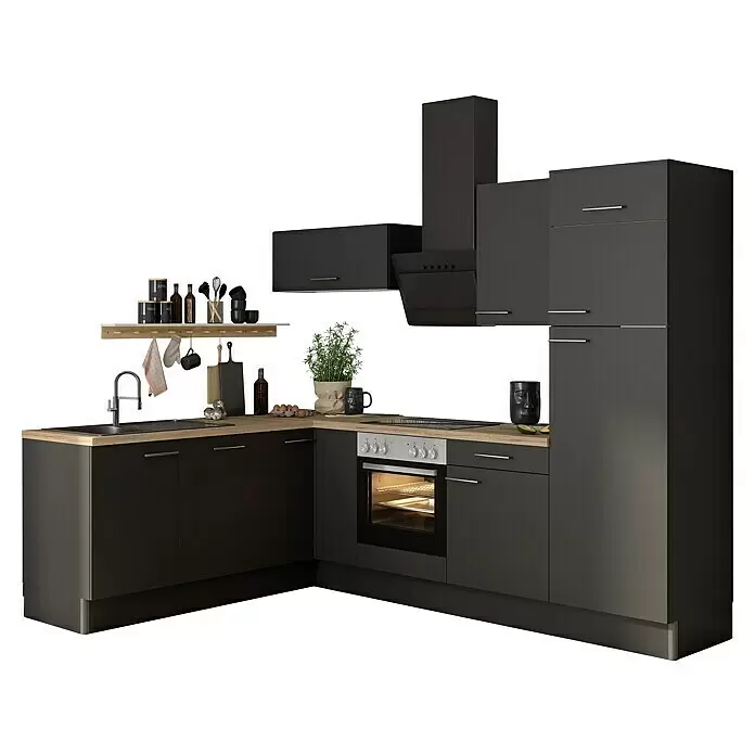 Optifit Küchenleerblock OPTIkoncept Ingvar420 Typ 2 - B x T: 270 x 200 cm, Anthrazit, Ohne Elektrogeräte, Spüle links - L-förmige Küchenzeile mit dunkelgrauen Schränken, heller Holz-Arbeitsplatte, Spüle, integriertem Backofen, Kochfeld und Dunstabzugshaube.