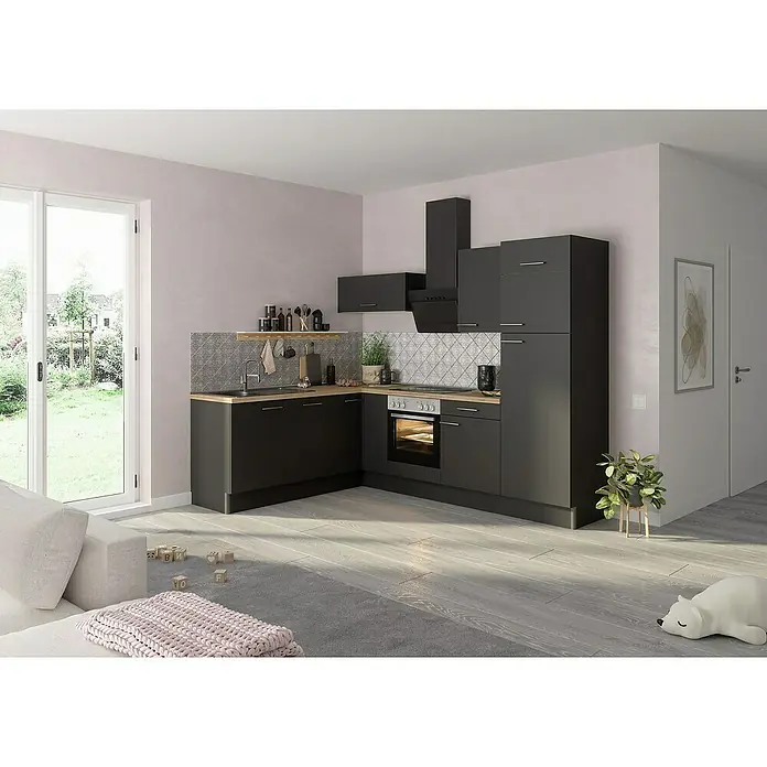 Optifit Küchenleerblock OPTIkoncept Ingvar420 Typ 2 - B x T: 270 x 200 cm, Anthrazit, Ohne Elektrogeräte, Spüle links - Küchenansicht mit modernen, mattschwarzen Schränken und Geräten, akzentuiert durch eine hölzerne Arbeitsplatte und dekorative Fliesen.