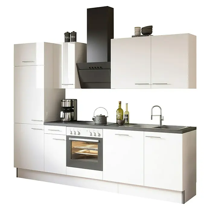 Optifit Küchenzeile OPTIkoncept Rurik986 Typ 2 - Breite: 270 cm, Weiß, Ohne Elektrogeräte - Bild einer modernen, weißen Küche mit schwarzen Akzenten, inklusive Spüle, Herd, Ofen und Dunstabzugshaube.