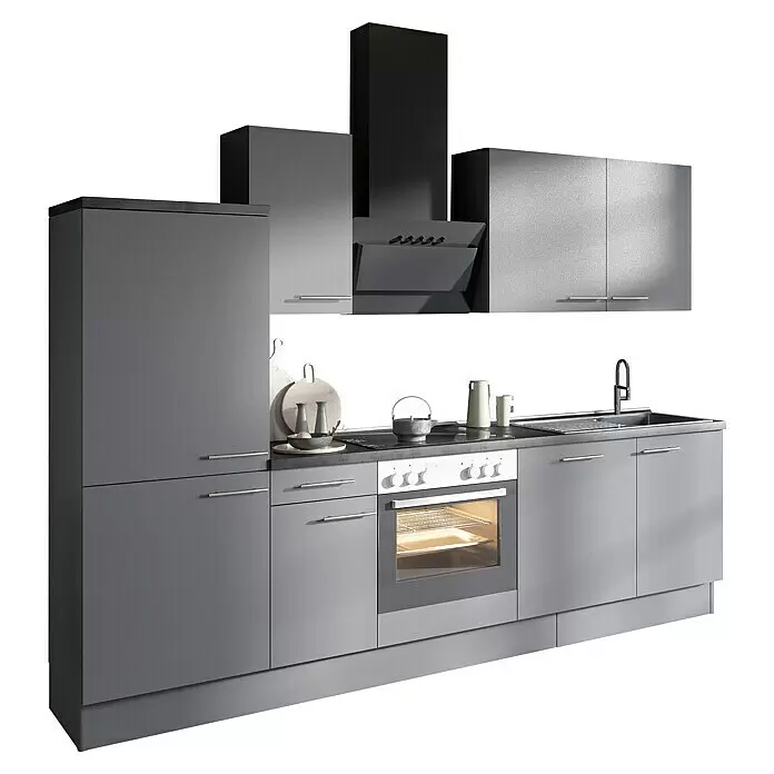 Optifit Küchenleerblock OPTIkoncept Mats825 Typ 1 - Breite: 270 cm, Basaltgrau, Ohne Elektrogeräte - Eine moderne graue Küchenzeile mit integrierten Geräten, darunter Backofen, Kochfeld, Spüle und Dunstabzugshaube, mit Dekoartikeln auf der Arbeitsplatte.