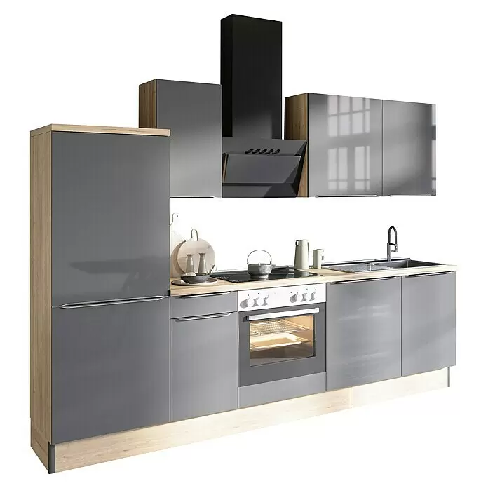 Optifit Küchenleerblock OPTIkoncept Linus984 Typ 1 - Breite: 270 cm, Anthrazit, Ohne Elektrogeräte - Moderne graue Küchenzeile mit hellen Holzakzenten, integriertem Kühlschrank, Backofen, Kochfeld, Spüle und Dunstabzugshaube.