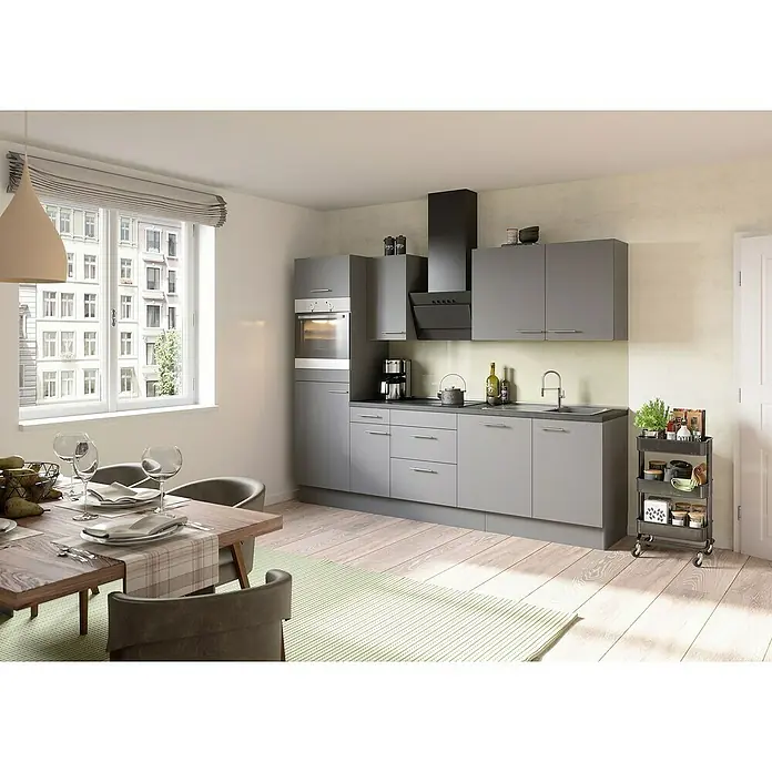 Optifit Küchenzeile OPTIkoncept Mats825 Typ 3 - Breite: 270 cm, Basaltgrau, Mit Elektrogeräten - Eine moderne Küche in Grau mit einer Essecke und einem Servierwagen, der zusätzlichen Stauraum bietet.