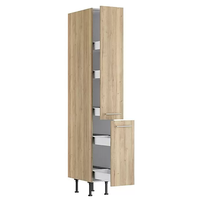 Optifit Apotheker-Hochschrank Erik290 - L x B x H: 58,1 x 30 x 211,8 cm, Nachbildung Wildeiche - Hoher Schrank in heller Holzoptik mit offenen Auszugsschränken, silbernen Griffen und schwarzen Stellfüßen.