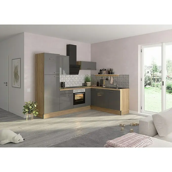 Optifit Winkelküche OPTIkoncept Jonte984 Typ 2B x T: 270 x 200 cm, Anthrazit, Mit Elektrogeräten, Spüle rechts - Moderne graue Küche mit Holzakzenten und Küchengeräten, die eine stilvolle und funktionale Raumlösung bietet.