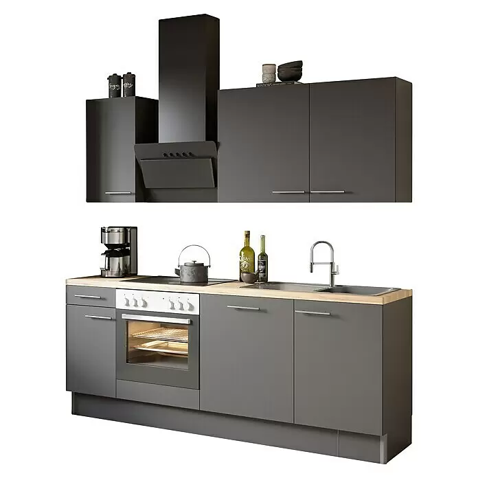 Optifit Küchenleerblock OPTIkoncept Ingvar420 - Breite: 210 cm, Anthrazit, Ohne Elektrogeräte - Diagonale Ansicht