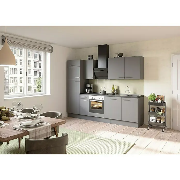 Optifit Küchenleerblock OPTIkoncept Mats825 Typ 4 - Breite: 270 cm, Basaltgrau, Ohne Elektrogeräte - Moderne graue Küche mit Essbereich, Tischgedeck, Küchenwagen und Fenster. Das Design besticht durch seine schlichte Eleganz und Funktionalität.