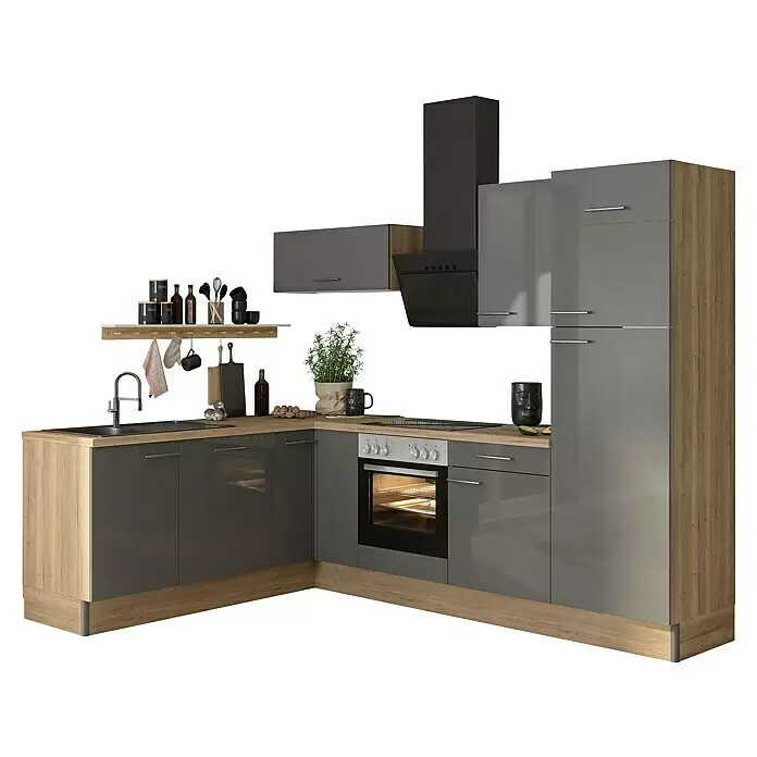 Optifit Winkelküche OPTIkoncept Jonte984 Typ 2 - B x T: 270 x 200 cm, Anthrazit, Mit Elektrogeräten, Spüle links - Diagonale Ansicht