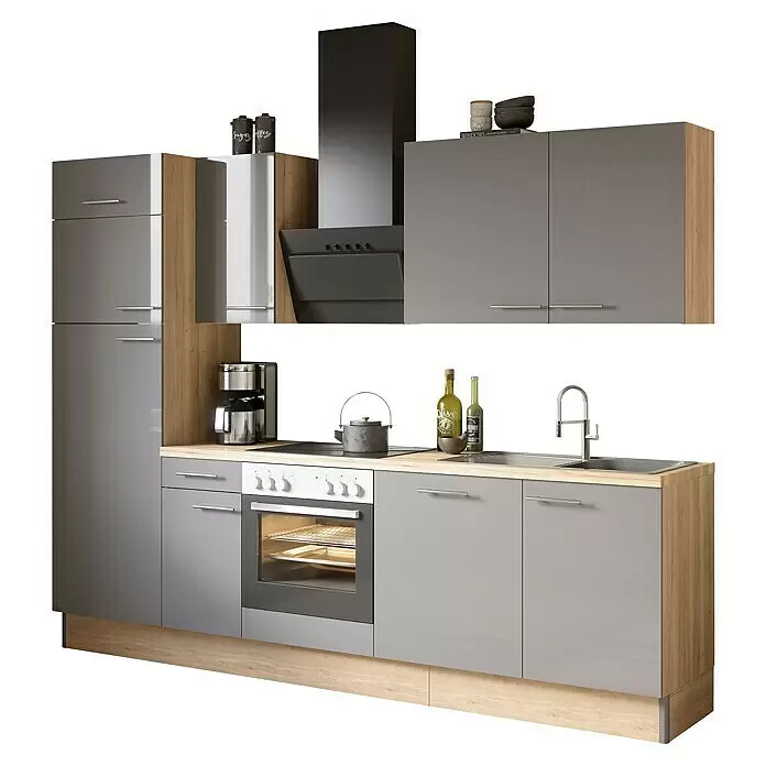 Optifit Küchenleerblock OPTIkoncept Jonte984 Typ 4 - Breite: 270 cm, Anthrazit, Ohne Elektrogeräte - Modulare Küche mit grauen Schränken, Holz-Arbeitsplatten und integrierten Geräten.