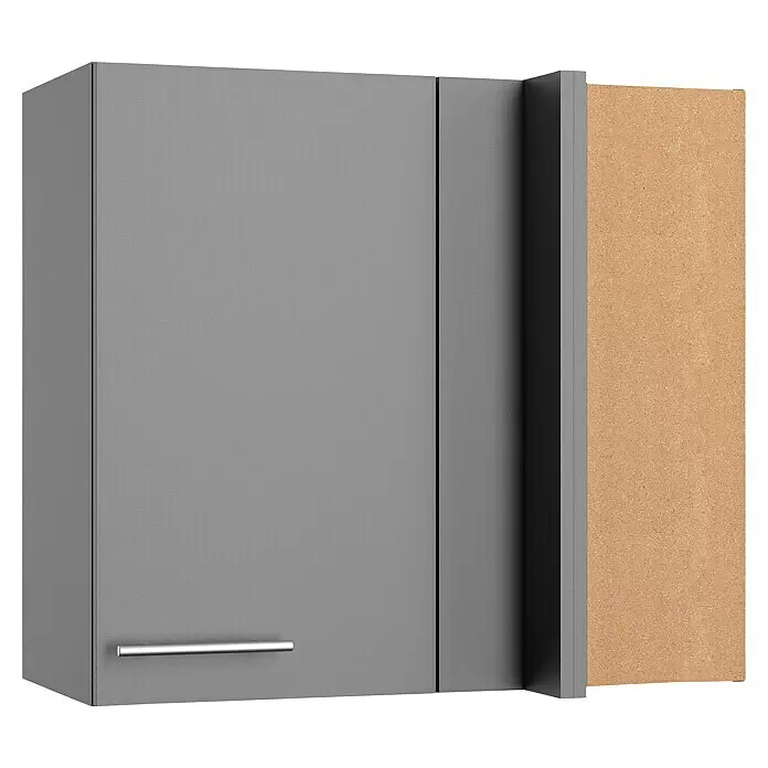 Optifit Eck-Hängeschrank Optikomfort Mats825 - L x B x H: 34,6 x 85 x 70,4 cm, Basaltgrau - Grauer Wandschrank mit Metallgriff und sichtbarer Spanplatten-Seitenwand.