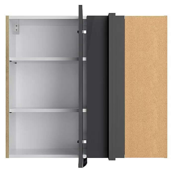 Optifit Eck-Hängeschrank Optikomfort Linus984 - L x B x H: 34,6 x 85 x 70,4 cm, Glanz Lack Anthrazit - Offener Schrank mit weißen Einlegeböden, heller Holzseite und dunkelgrauer Tür. Rückwand aus Spanplatte.