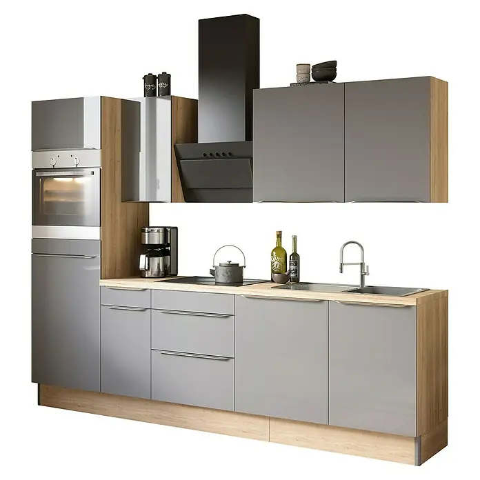 Optifit Küchenzeile OPTIkoncept Linus984 Typ 3 - Breite: 270 cm, Anthrazit, Ohne Elektrogeräte - Moderne Küche in Grau und Holzoptik mit integrierten Geräten und stilvollem Dunstabzug. Perfekt für zeitgemäße Wohnräume.