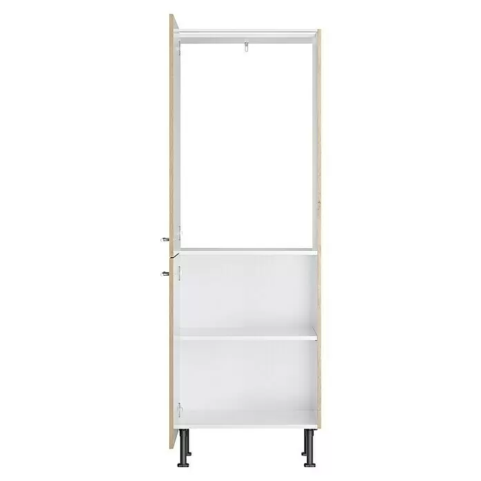 Optifit Geräteumbauschrank Erik290 - L x B x H: 58,1 x 60 x 176,6 cm, Nachbildung Wildeiche, Für integrierbaren Kühlschrank - Weißer und heller Holz-Offenschrank mit Befestigungen für eine obere Kleiderstange, zwei unteren Regalböden und verstellbaren schwarzen Füßen.