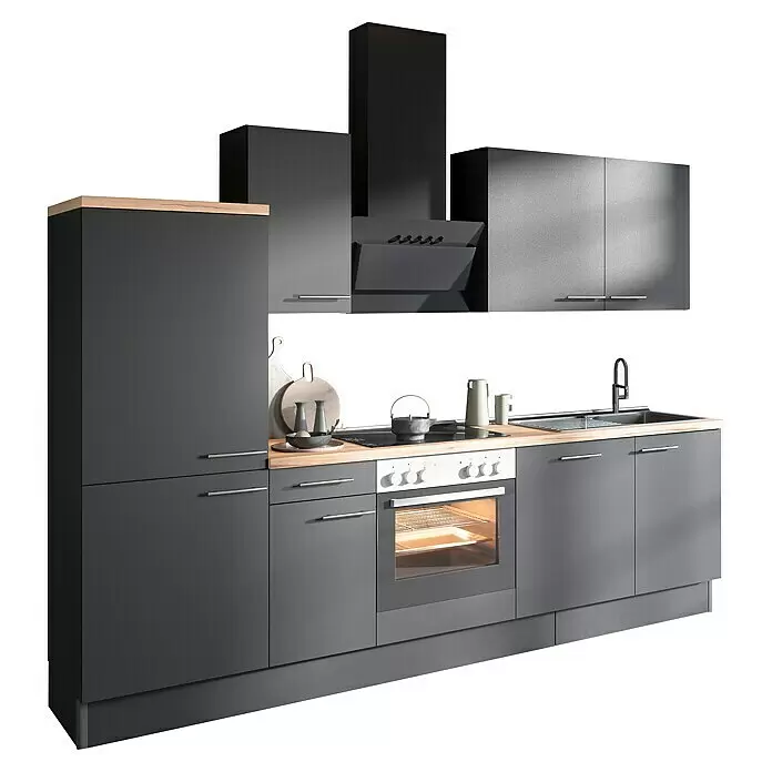 Optifit Küchenzeile OPTIkoncept Ingvar420 Typ 1 - Breite: 270 cm, Anthrazit, Mit Elektrogeräten - Dunkelgraue Küchenzeile mit Holzplatte, integriertem Ofen, Kochfeld, Spüle und Hängeschränken.