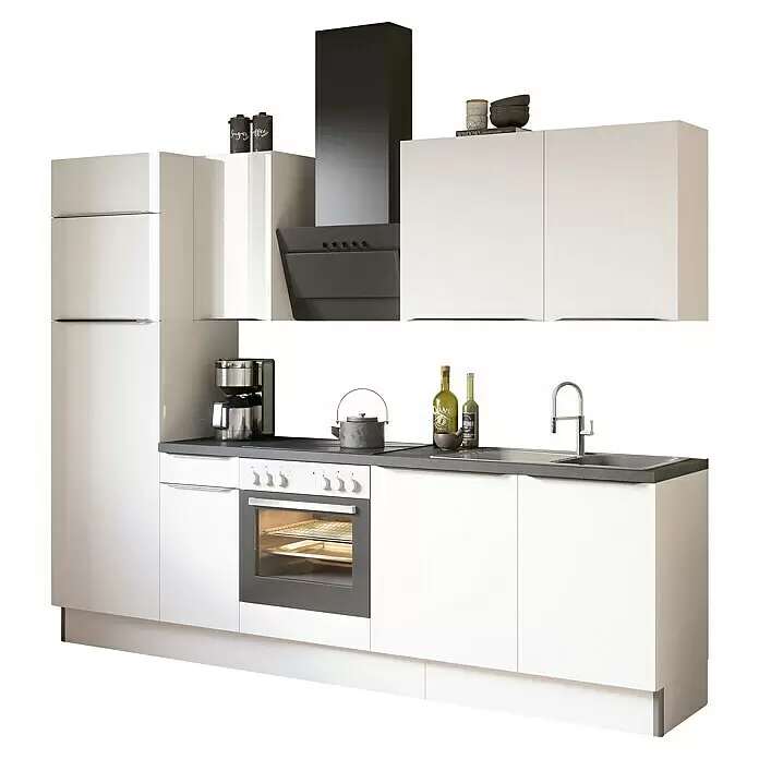 Optifit Küchenleerblock OPTIkoncept Arvid986 Typ 4 - Breite: 270 cm, Weiß, Ohne Elektrogeräte - Eine moderne weiße Küche mit dunkelgrauen Arbeitsplatten, integriertem Backofen, Kochfeld, Spüle und schwarzer Dunstabzugshaube. Inklusive Kühlschrank und Kleingeräten.