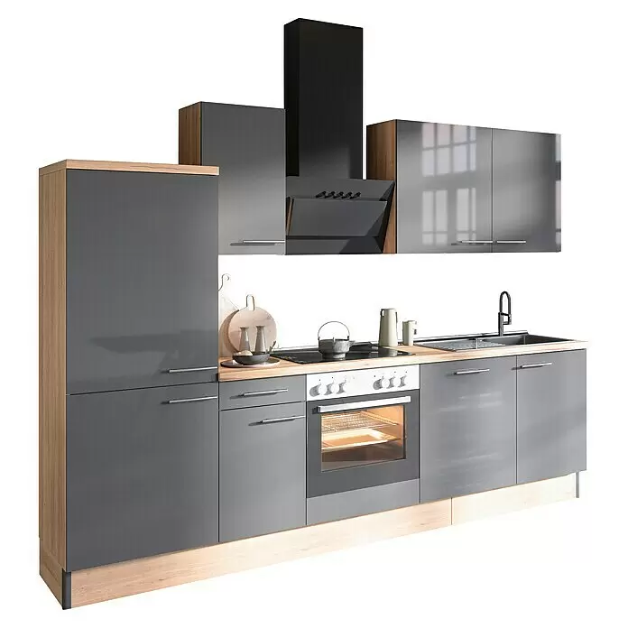 Optifit Küchenleerblock OPTIkoncept Jonte984 Typ 1 - Breite: 270 cm, Anthrazit, Ohne Elektrogeräte - Moderne Küchenzeile mit dunkelgrauen Schränken, hellen Holzakzenten, integriertem Backofen, Kochfeld, Spüle und Dunstabzugshaube.