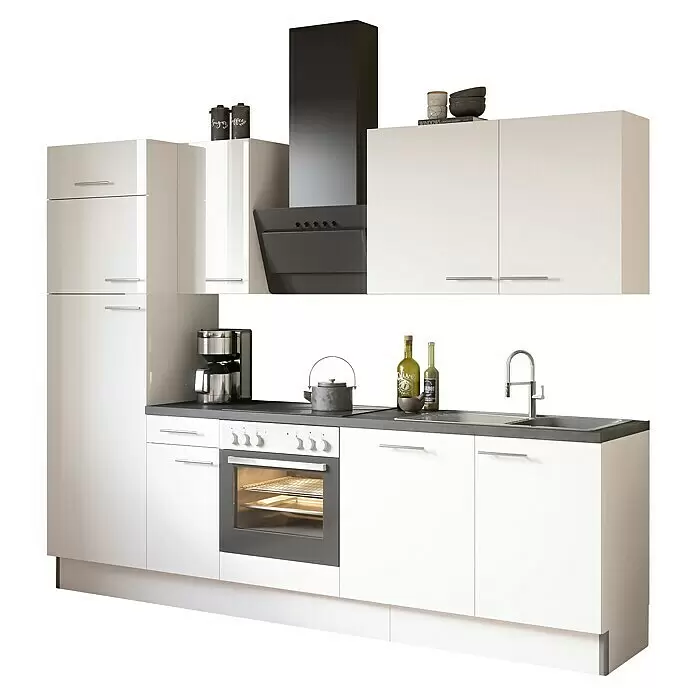 Optifit Küchenzeile OPTIkoncept Rurik986 Typ 4 - Breite: 270 cm, Weiß, Mit Elektrogeräten - Moderne weiße Küchenzeile mit dunkelgrauer Arbeitsplatte, Ofen, Kochfeld, Spüle, Kühlschrank, Kaffeemaschine und schwarzer Dunstabzugshaube.