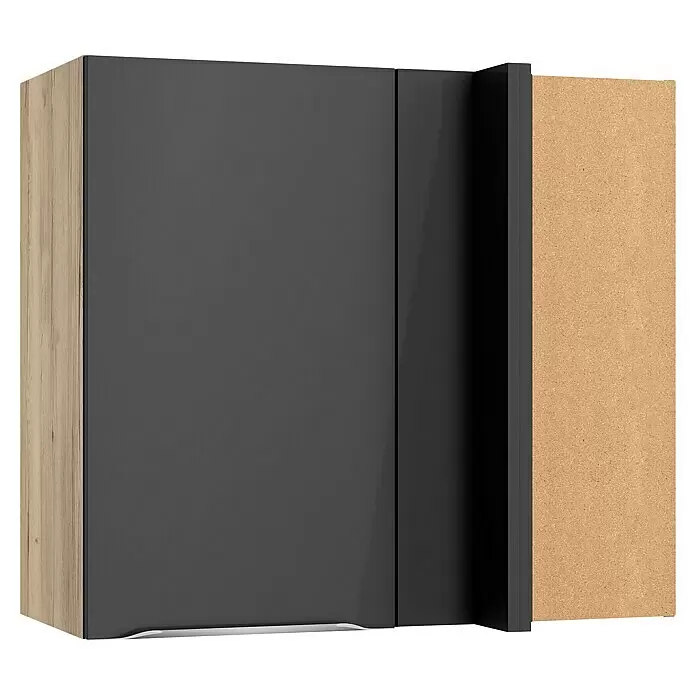 Optifit Eck-Hängeschrank Optikomfort Linus984 - L x B x H: 34,6 x 85 x 70,4 cm, Glanz Lack Anthrazit - Dunkelgraue Schranktür mit heller Holzseitenverkleidung und sichtbarem Spanplatteninneren.