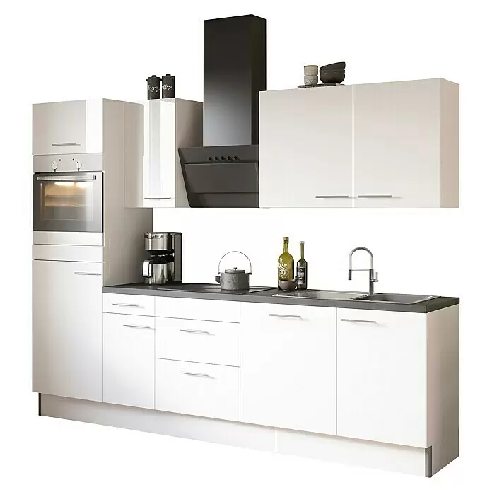 Optifit Küchenzeile OPTIkoncept Rurik986 Typ 3 - Breite: 270 cm, Weiß, Mit Elektrogeräten - Moderne weiße Küchenzeile mit dunkler Arbeitsplatte, integriertem Ofen, Kaffeemaschine, Spüle und schwarzer Dunstabzugshaube.