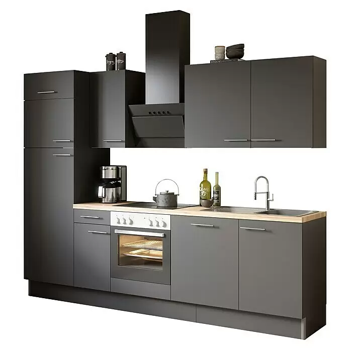 Optifit Küchenzeile OPTIkoncept Ingvar420 Typ 4 - Breite: 270 cm, Anthrazit, Mit Elektrogeräten - Moderne dunkelgraue Küche mit Arbeitsplatte aus Holz, integriertem Backofen, Kochfeld, Spüle, Kaffeemaschine und Dunstabzugshaube.