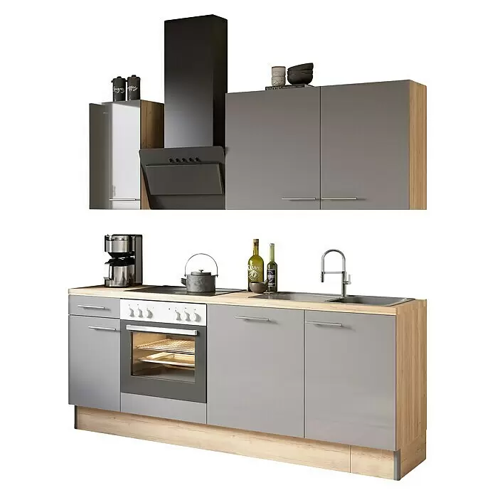 Optifit Küchenzeile OPTIkoncept Jonte984 - Breite: 210 cm, Anthrazit, Mit Elektrogeräten - Diagonale Ansicht