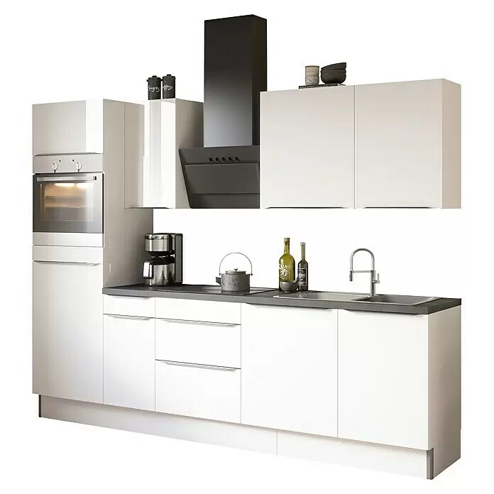 Optifit Küchenzeile OPTIkoncept Arvid986 Typ 3 - Breite: 270 cm, Weiß, Mit Elektrogeräten - Moderne weiße Küche mit dunkelgrauer Arbeitsplatte, schwarzer Dunstabzugshaube, Backofen, Spüle und Kaffeemaschine.