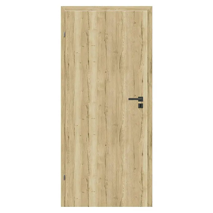 Classen PL Zimmertür - 735 x 1.985 mm, DIN Anschlag: Links, Eiche Claveland, Wabe - Bild einer Tür mit Holzmaserung und einem schwarzen Türgriff. Die Tür hat eine helle, natürliche Holzoptik.
