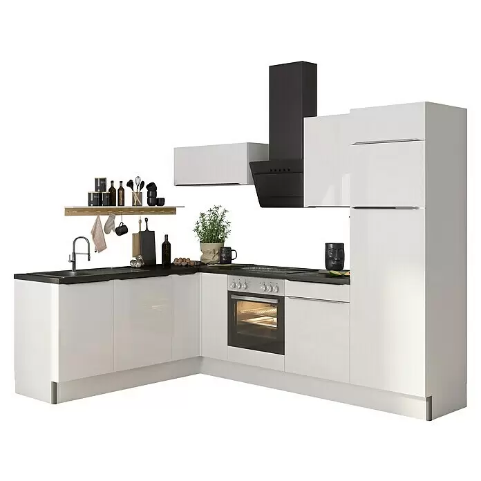 Optifit Winkelküche OPTIkoncept Arvid986 Typ 2 - B x T: 270 x 200 cm, Weiß, Mit Elektrogeräten, Spüle links - Moderne L-förmige Küche in Weiß und Schwarz, komplett mit Geräten und diversen Küchenaccessoires.
