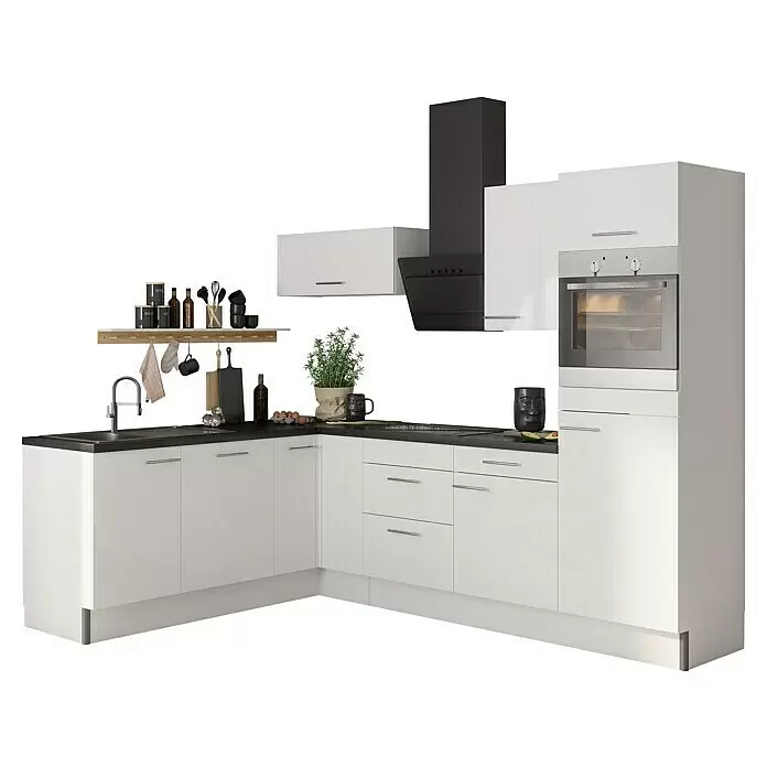 Optifit Winkelküche OPTIkoncept Rurik986 Typ 1 - B x T: 270 x 200 cm, Weiß, Mit Elektrogeräten, Spüle links - Moderne L-förmige Küche mit weißen Schränken, schwarzer Arbeitsplatte, Backofen, Kochfeld, Spüle und schwarzer Dunstabzugshaube, mit Küchenzubehör.