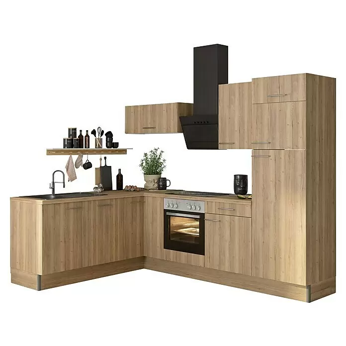 Optifit Küchenleerblock OPTIkoncept Erik290 Typ 2 - B x T: 270 x 200 cm, Nachbildung Wildeiche, Ohne Elektrogeräte, Spüle links - Moderne L-förmige Küche mit hellen Holzschränken, schwarzen Geräten, integrierter Spüle, Kochfeld und Backofen, inklusive offener Regale mit Zubehör.