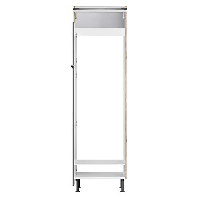 Optifit Geräteumbauschrank Optikomfort Linus984 - L x B x H: 58,1 x 60 x 211,8 cm, Glanz Lack Anthrazit, Für integrierbare Kühl-Gefrierkombination - Offener weißer Küchenunterschrank mit dunkler Türleiste und Holzseitenwand, ausgestattet mit schwarzen verstellbaren Nivellierfüßen.