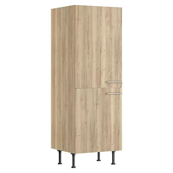Optifit Geräteumbauschrank Erik290 - L x B x H: 58,1 x 60 x 176,6 cm, Nachbildung Wildeiche, Für integrierbaren Kühlschrank - Hoher Nutzschrank in heller Holzoptik mit zwei Türen, silbernen Stangengriffen und schwarzen Stellfüßen.