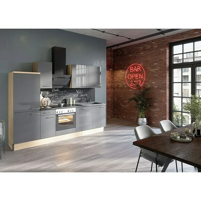Optifit Küchenleerblock OPTIkoncept Jonte984 Typ 1 - Breite: 270 cm, Anthrazit, Ohne Elektrogeräte - Eine moderne graue Küche mit Holzelementen, ergänzt durch eine Backsteinwand und ein leuchtendes "Bar Open 24/7"-Schild, strahlt urbanen Chic aus.