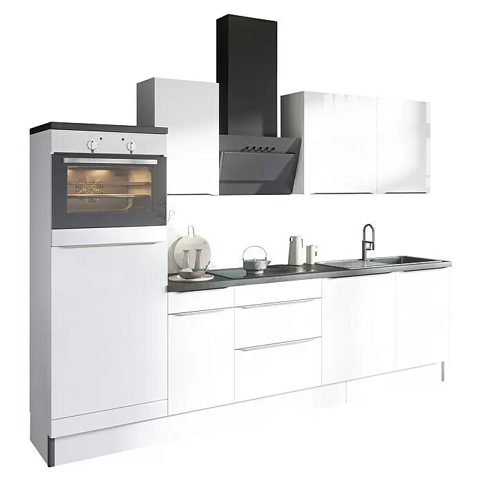 Optifit Küchenzeile OPTIkoncept Arvid986 Typ 5 - Breite: 270 cm, Weiß, Mit Elektrogeräten - Moderne Küche mit weißen Schränken, dunkler Arbeitsplatte, eingebautem Backofen, Dunstabzugshaube und Spüle.