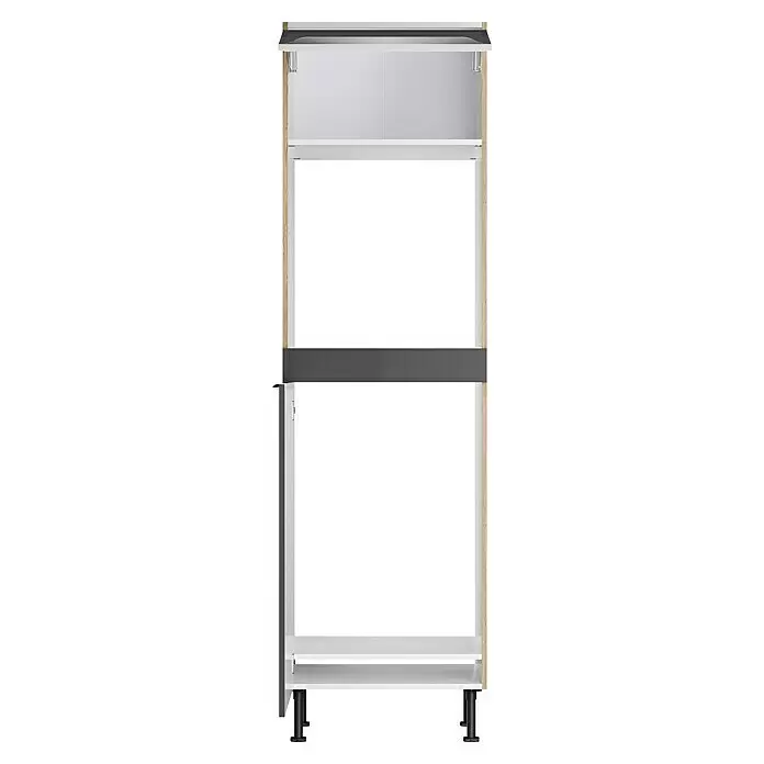 Optifit Geräteumbauschrank Optikomfort Linus984 - L x B x H: 58,1 x 60 x 211,8 cm, Glanz Lack Anthrazit, Für Backofen und integrierbaren Kühlschrank - Weißer und heller Holzschrankrahmen mit grauer Akzentleiste und verstellbaren schwarzen Füßen, für Küche oder Stauraum.
