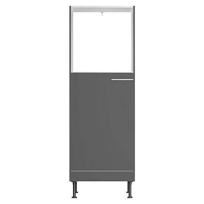 Optifit Midischrank Ingvar420 - L x B x H: 58,1 x 60 x 176,6 cm, Anthrazit matt, Für Einbaubackofen und integrierbaren Kühlschrank - Gewerblicher Kühlschrank mit grauem Korpus, silbernem Griff und transparenter Vitrine auf schwarzen Beinen.
