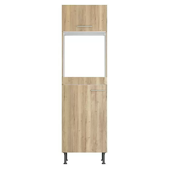 Optifit Kühlumbauschrank Erik290 - L x B x H: 58,1 x 60 x 211,8 cm, Für Backofen und integrierbaren Kühlschrank - Gerätehochschrank in heller Holzoptik mit zwei Türen, silbernen Griffen und offenem Fach für Einbaugerät.