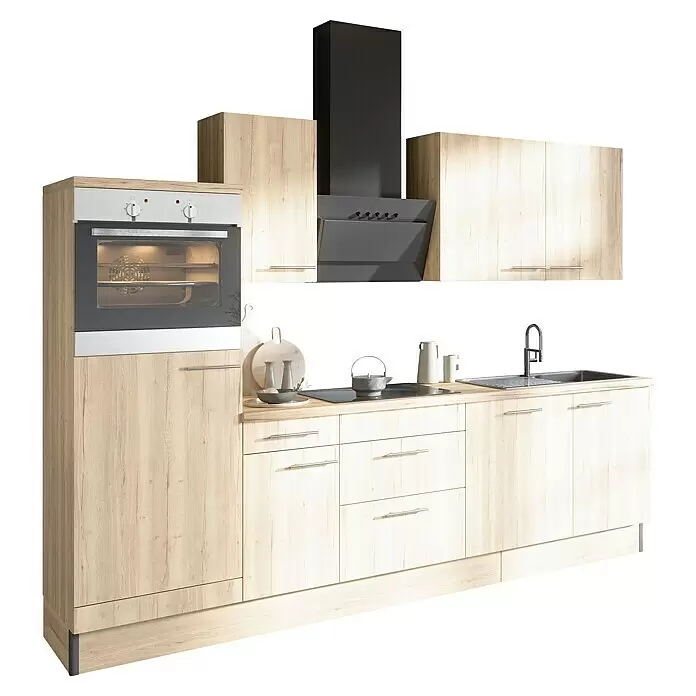 Optifit Küchenzeile OPTIkoncept Erik290 Typ 5 - Breite: 270 cm, Nachbildung Wildeiche, Mit Elektrogeräten - Moderne helle Holzküche mit Backofen, schwarzem Kochfeld, Spüle und Dunstabzugshaube, inklusive Unter- und Oberschränken.
