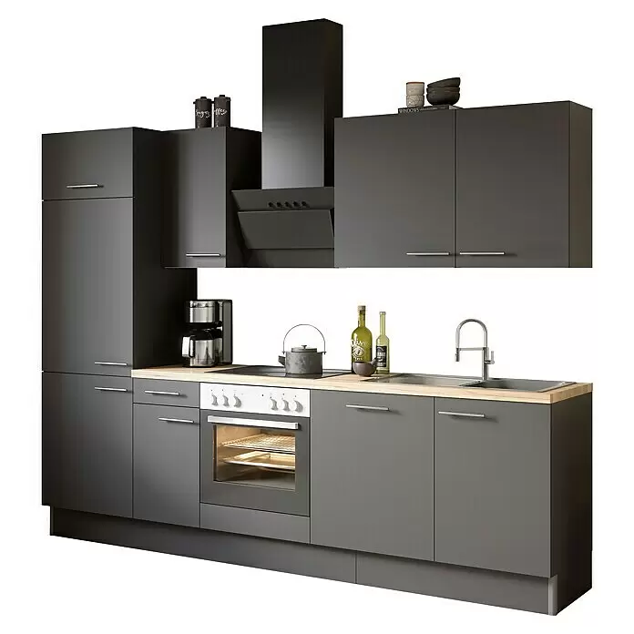 Optifit Küchenleerblock OPTIkoncept Ingvar420 Typ 2 - Breite: 270 cm, Anthrazit, Ohne Elektrogeräte - Moderne dunkelgraue Küche mit heller Holzoptik-Arbeitsplatte, integriertem Backofen, Kochfeld, Spüle und Dunstabzugshaube.