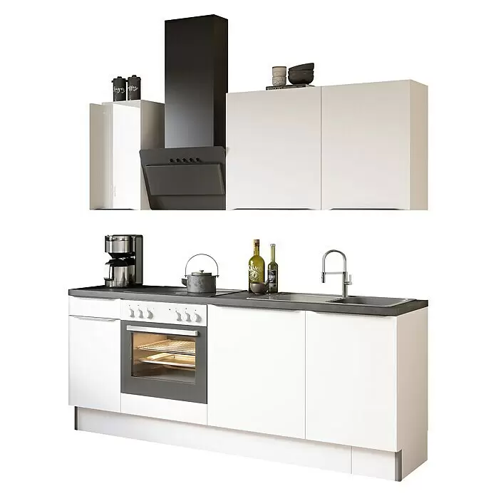 Optifit Küchenleerblock OPTIkoncept Arvid986 - Breite: 210 cm, Weiß, Ohne Elektrogeräte - Weiße und dunkelgraue modulare Küchenschränke mit Dunstabzugshaube, Backofen, Kochfeld und Spüle, einschließlich verschiedener Küchenaccessoires.