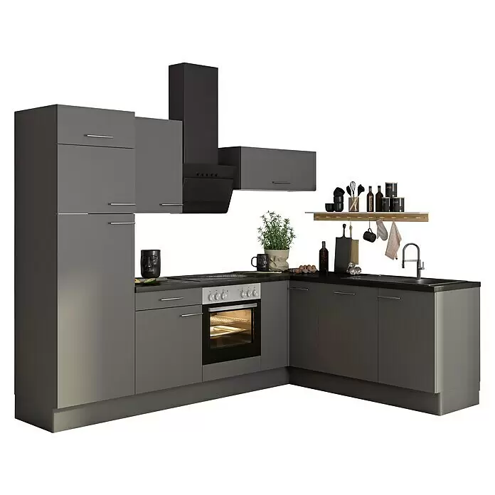 Optifit Winkelküche OPTIkoncept Mats825 Typ 2 - B x T: 270 x 200 cm, Basaltgrau, Mit Elektrogeräten, Spüle rechts - L-förmige moderne Küchenzeile mit grauen Schränken, schwarzer Arbeitsplatte, Ofen, Kochfeld, Spüle und Küchenzubehör.