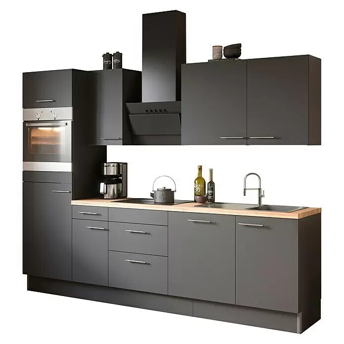 Optifit Küchenzeile OPTIkoncept Ingvar420 Typ 3 - Breite: 270 cm, Anthrazit, Mit Elektrogeräten - Diagonale Ansicht