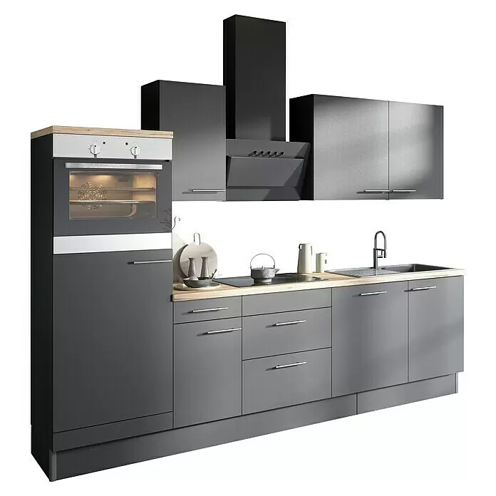 Optifit Küchenleerblock OPTIkoncept Ingvar420 Typ 5 - Breite: 270 cm, Anthrazit, Ohne Elektrogeräte - Moderne dunkelgraue Küchenzeile mit heller Holzarbeitsplatte, integriertem Backofen, Kochfeld, Spüle und Dunstabzugshaube, mit elegantem Design.