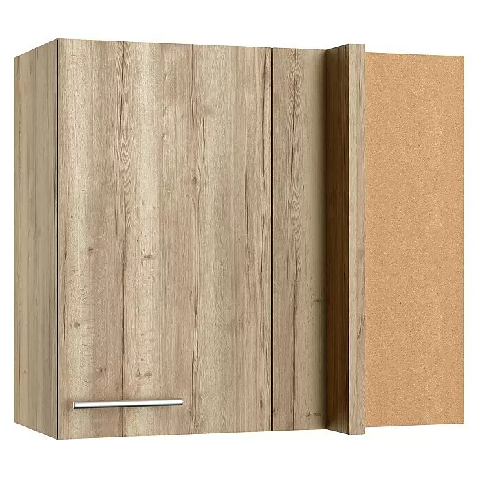 Optifit Eck-Hängeschrank Erik290 - L x B x H: 34,6 x 85 x 70,4 cm, Nachbildung Wildeiche - Heller Hängeschrank in Holzoptik mit silbernem Griff und unbehandelter Seite.