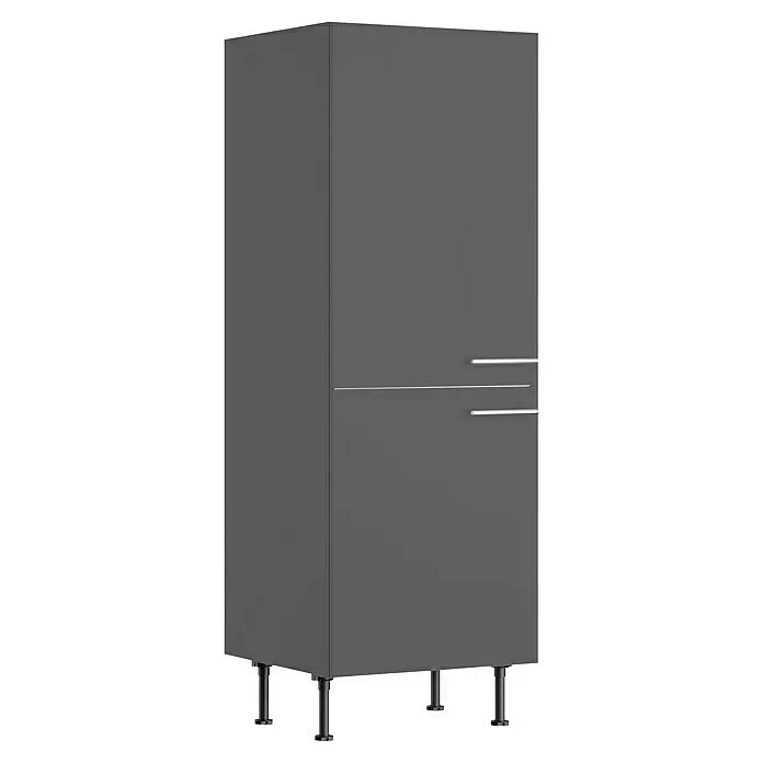Optifit Midischrank Ingvar420 - L x B x H: 58,1 x 60 x 176,6 cm, Anthrazit matt - Hoher, dunkelgrauer Hochschrank mit zwei Türen, silbernen Horizontalgriffen und schwarzen Beinen.