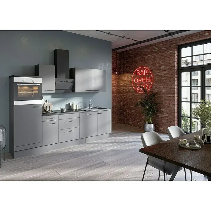 Optifit Küchenzeile OPTIkoncept Mats825 Typ 5Breite: 270 cm, Basaltgrau, Mit Elektrogeräten - Graue Küche mit modernen Geräten, inklusive Ofen und Dunstabzugshaube, ergänzt durch einen Esstisch und Stühle.