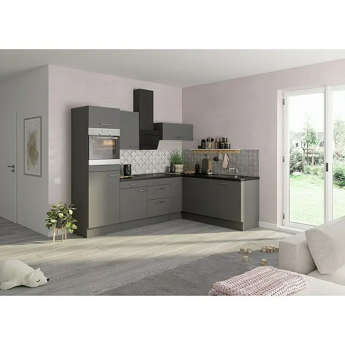 Optifit Winkelküche OPTIkoncept Mats825 Typ 1B x T: 270 x 200 cm, Basaltgrau, Mit Elektrogeräten, Spüle rechts - Graue Küchenzeile mit Hängeschrank, Spüle und integrierten Elektrogeräten, die sich ideal in moderne Wohnräume einfügt.