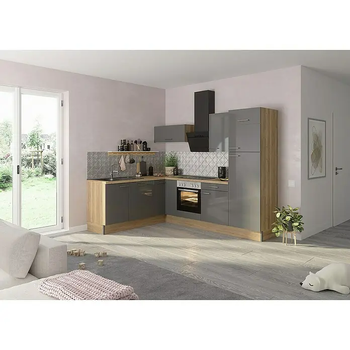 Optifit Winkelküche OPTIkoncept Jonte984 Typ 2B x T: 270 x 200 cm, Anthrazit, Mit Elektrogeräten, Spüle links - Moderne Küche mit grauen Schränken und Holzakzenten, ausgestattet mit Spüle, Herd und Dunstabzugshaube. Gemütliches Wohnambiente.