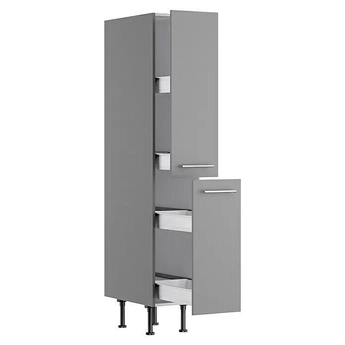 Optifit Apotheker-Hochschrank Optikomfort Mats825 - B x T x H: 30 x 58,1 x 176,6 cm, Basaltgrau - Grauer Hochschrank, obere Tür offen mit Regalen, untere Schublade teilweise offen mit Innenschubladen, auf schwarzen Stellfüßen.